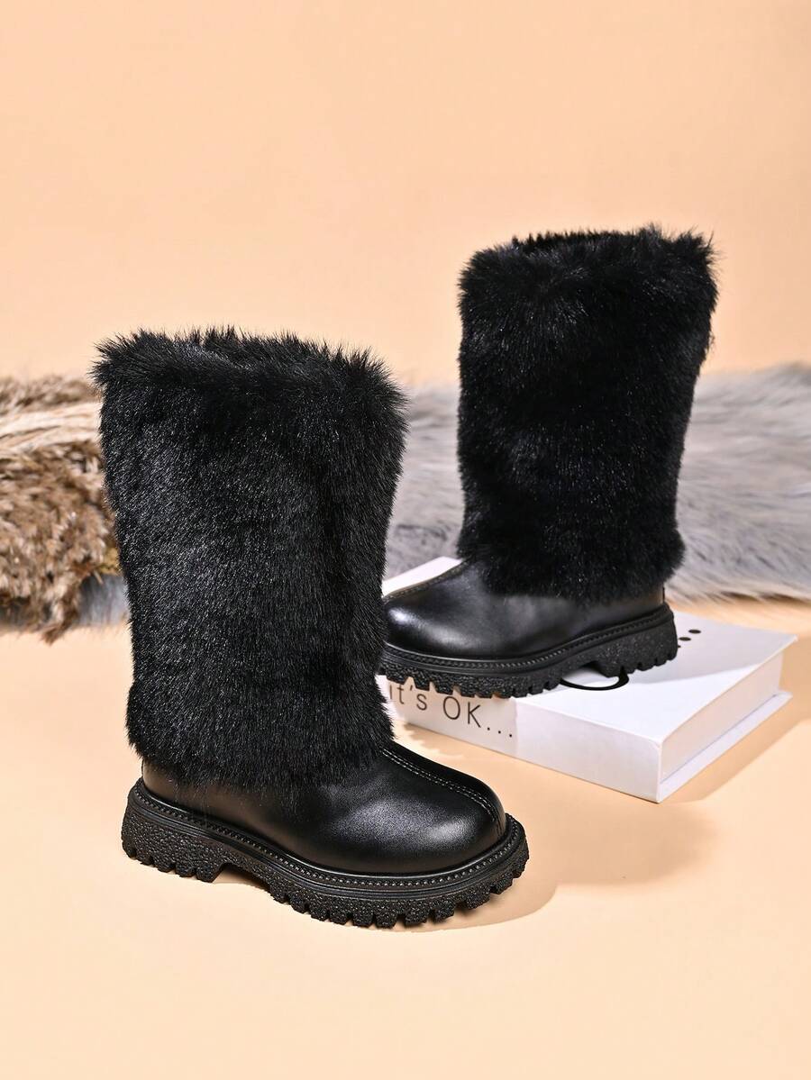 Children's Fashion New Long Fur Trim Soft Leather Boots - Black - View 1