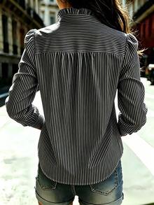 Women's Blue Striped Shirt, Ruffle Collar, Long Regular Sleeves, Button Details, Standard Length, Suitable For Spring, Summer, Autumn Vacation Black - Black - View 3