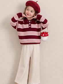 Girls Striped Knit Polo Sweater, Long Sleeve Casual Pullover Top For School, Daily Wear, Weekend & Autumn Winter - Multicolor - View 1