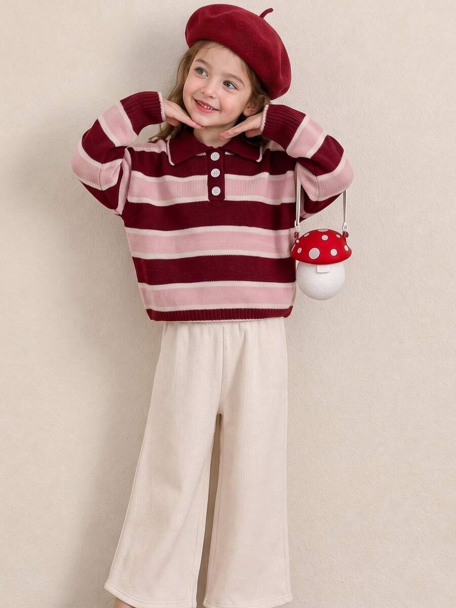 Girls Striped Knit Polo Sweater, Long Sleeve Casual Pullover Top For School, Daily Wear, Weekend & Autumn Winter - Multicolor - View 1