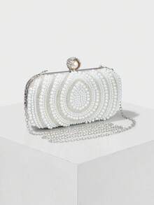 Women's Elegant/Pearl Pattern Design Box Clutch Evening Bag, Romantic Wedding Handbag, Charming/Exquisite Evening Dress Bag, Shiny Apricot Box Clutch Handbag With Chain, Perfect Choice As Holiday Gift. Comes With Metal Chain. - White - View 5