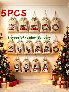 12 buah Tas Kado Linen Natal, Ukuran 14,99 x 9,91 cm, Tas Kado Serut yang Dapat Digunakan Kembali, 5 Desain Bertema Natal Acak, Sempurna untuk Souvenir Pesta Natal, Hadiah Ulang Tahun, dan Dekorasi Pohon Natal - MultiWarna - View 9