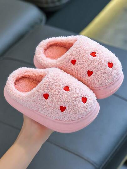 Children's Fuzzy Indoor Slippers For Autumn/Winter, Boys And Girls, Bedroom House Shoes, Closed Toe, Heart Pattern, Minimalist