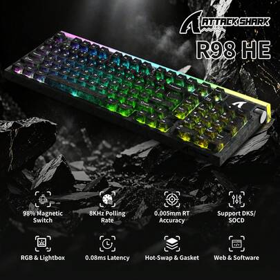R98HE Wired RT 8K Mechanical RGB Gaming Keyboard-Ice, 0.005mm Accuracy,0.08MS Latency,256K Scan,CNC Knob,Hall Effect Magnetic Switch,5 Layer Filling,Carbon Fiber Top,Coiled Cable Visit The ATTACK SHARK Store