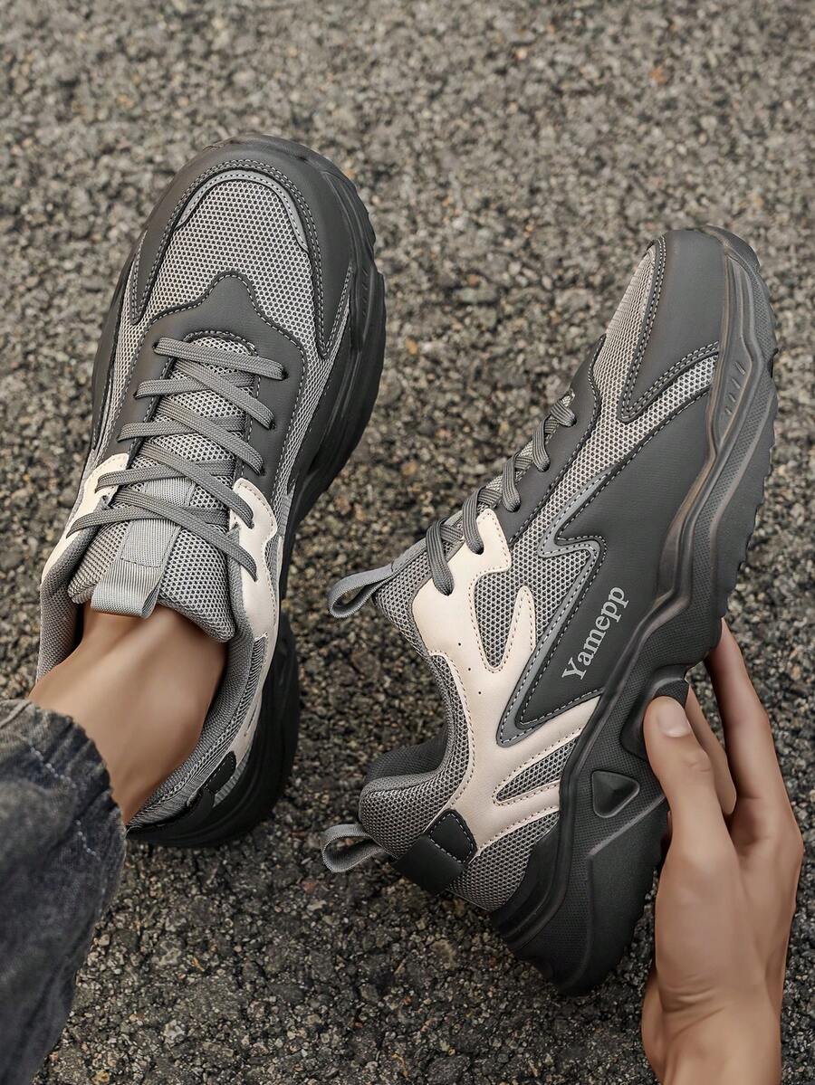 Men's Colorblock Letter Print Low-Top Lace-Up Soft Sole PU Casual Shoes, Round Toe Height-Increasing Flat Bottom All-Season Mesh Patchwork Walking Running Sneakers - Grey - View 1