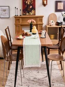 1/16PCS Vintage Minimalist Green & White Striped Lace Table Runner, Reusable Long Tablecloth For Coffee Table, Cabinet, Outdoor Holiday Decor, Suitable For Living Room, Dining Room, Holiday Party, Family Gathering, Wedding Banquet, Birthday Table Decoration - Green - View 1