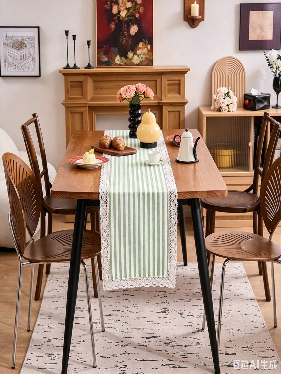 1/16PCS Vintage Minimalist Green & White Striped Lace Table Runner, Reusable Long Tablecloth For Coffee Table, Cabinet, Outdoor Holiday Decor, Suitable For Living Room, Dining Room, Holiday Party, Family Gathering, Wedding Banquet, Birthday Table Decoration - Green - View 1