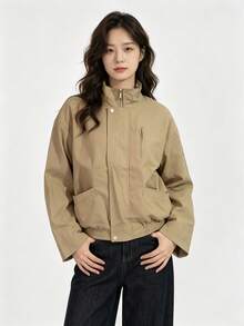 American Vintage Casual Stand Collar Flight Jacket, Street Style Loose Fit Solid Color Outerwear For Women Autumn/Winter - Khaki - View 6