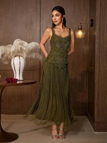 Elegant Women's Sleeveless Square Neck Beaded Tassel Long Formal Gown, Suitable For Evening Parties And Balls - Olive Green - View 7