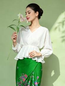 1pc Solid Color Ruffle/Flounce Trim Long Sleeve Blouse For Women - White - View 4