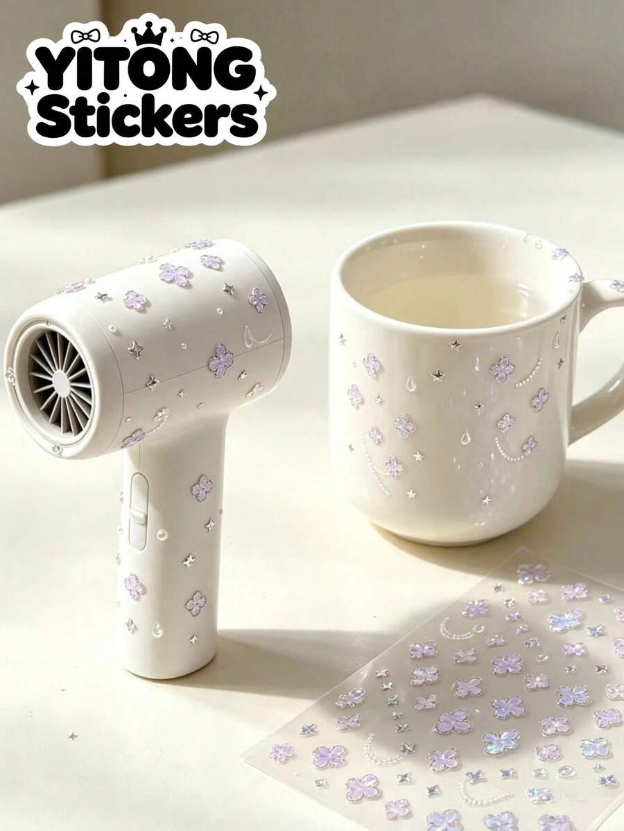 1pc Pearlescent Glitter Light Purple Four-Leaf Clover Decorative Sticker, Fine Star Bead Crescent Moon Pattern Waterproof Self-Adhesive Decor, Suitable For Hair Dryer, Water Cup, Digital Device Shell, Portable Items, Luxury Style Surface Embellishment Sticker - Pink-purple Gradient Four-leaf Clover - View 1