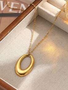 1pc 18K Gold Plated Stainless Steel Geometric Oval Pendant Necklace, Minimalist Vintage Luxury Necklace, Suitable For Daily Wear - Gold - View 3