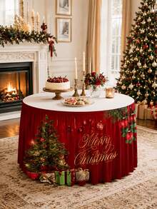 1件裝聖誕桌裙，紅色聚酯纖維裝飾桌裙，印有Merry Christmas字母、聖誕樹、禮物盒與吊飾圖案，彈性桌布裙，適用於節日派對、甜點桌、宴會與居家裝飾 - 彩色 - 查看 3