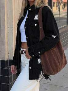 (Cotton Available) Women's Long Sleeve Single-Breasted Pocket Distressed Denim Jacket - Black - View 5