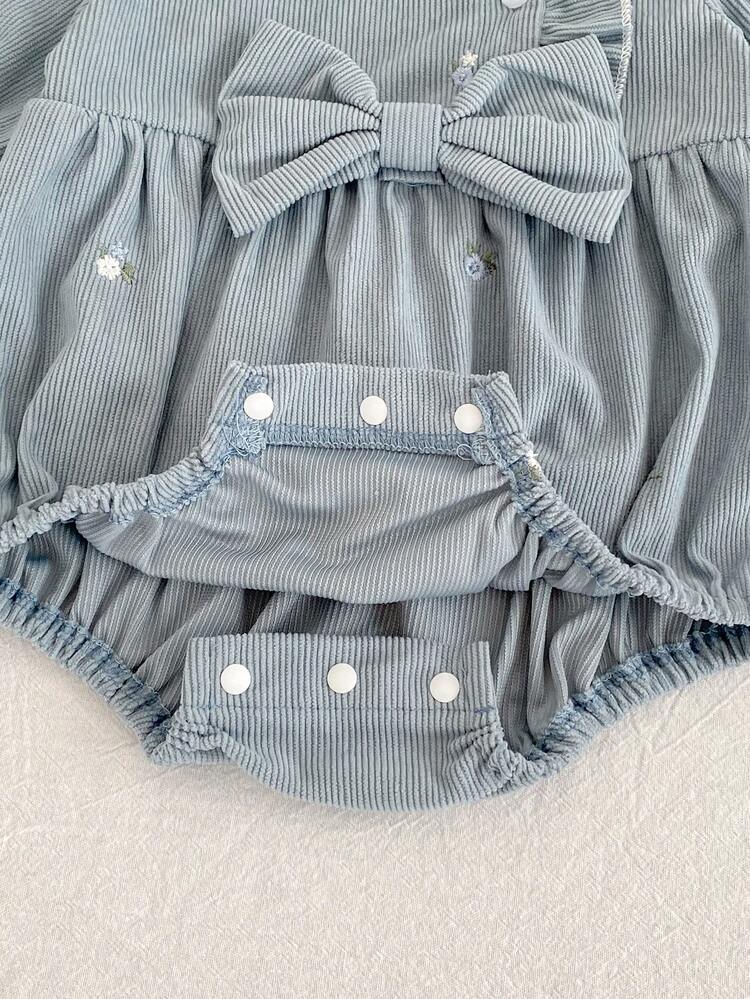 嬰兒與幼兒春秋刺繡蝴蝶結長袖韓風女童連身衣 - 霧霾藍 - 查看 5