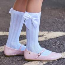 Girls' 3/4 Knee-High Party Socks With Satin Bow, 16-33, For Baptism, Wedding, Flower Girl, Social, Dance, Events, Elegant, School - 白色,黑色和紅色 - 查看 7