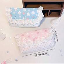 1pc Pink Star Rabbit Lace Ruffle Edge Spandex Bag, Foldable Design With Bow Detail, Soft Fabric Storage Organizer Box For School Supplies, Office Stationery, Makeup Brushes And Small Accessories, Multi-Functional Cosmetic And Travel Storage Bag - A - View 6