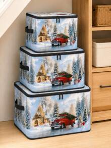 Christmas Foldable Storage Box With Zipper Lid, Collapsible Zipper Storage Bin With Lid And Handles, Large Capacity Clothing And Bedding Organizer Box With Handles, Christmas Tree And Red Truck Pattern Blanket Storage Box - Multicolor - View 10