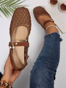 Bohemian Buckle Premium Fishnet Hollow Woven Closed-Toe Sandals - Brown - View 2