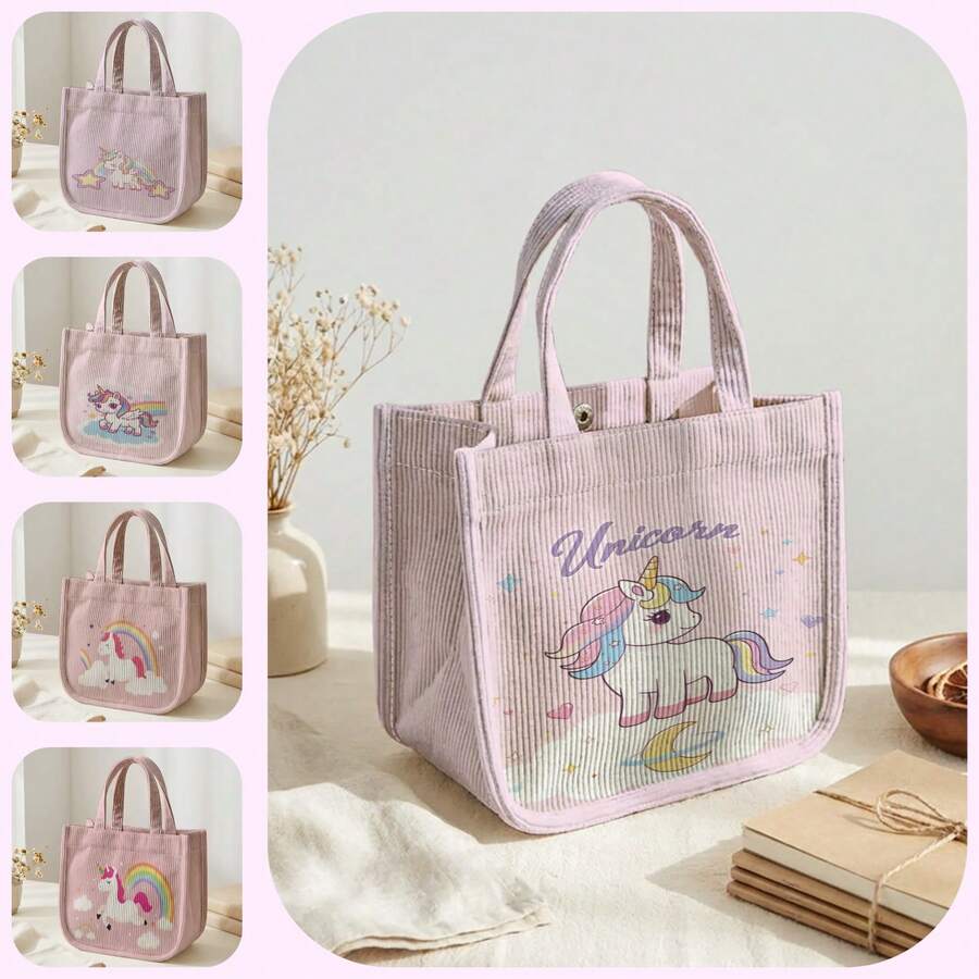 1pc Pink Unicorn Print Corduroy Tote Bag, Snap Button Closure Cute ...