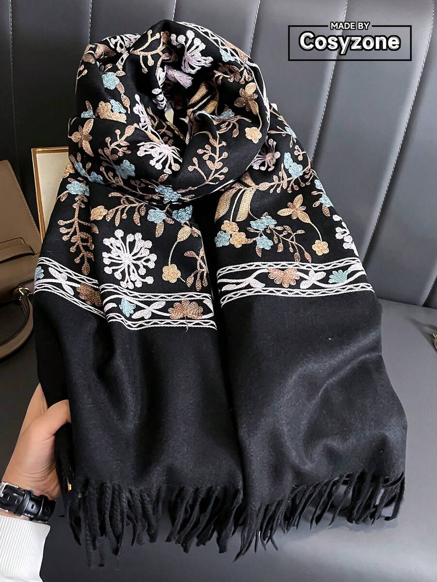 1件女款秋冬仿羊絨刺繡圍巾,加厚保暖披肩斗篷,附流蘇,波希米亞風旅行披肩 - 黑色 - 查看 1