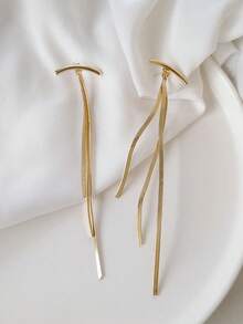 HOTNICE Anting-anting Rumbai Panjang Emas untuk Wanita, Anting-anting Gantung Batang Melengkung, Perhiasan Emas Minimalis untuk Pesta Sehari-hari, Hadiah Pernikahan - Yellow Gold - View 3