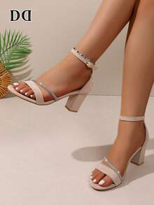 Fashionable Sparkling Rhinestone High Heel Shoes, Open Toe Square Toe Suede Ankle Strap Chunky Heel Sandals - Beige - View 5