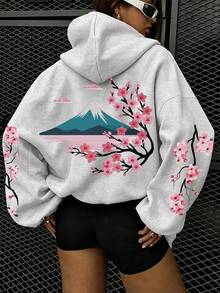 Women's Autumn/Winter Sakura Mount Japanese Style Fleece Lined Sweatshirt, Back To School, Solid Color Long Sleeve Pocket Slightly Dropped Shoulder Casual Sweatshirt - Light Grey - View 3