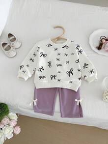Miniweenns 2pcs/Set Baby Girl Spring/Autumn Outdoor Casual Bowknot Print Long Sleeve Loose Sweatshirt Set Back To School - Multicolor - View 4
