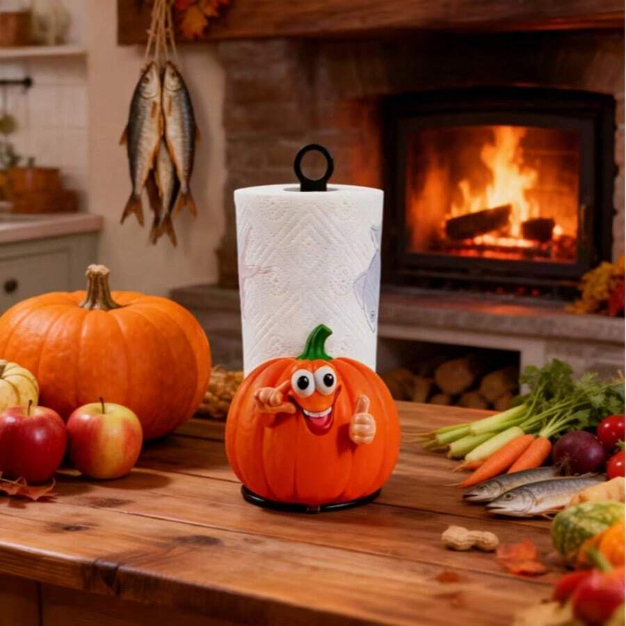 Cute Thumb Up Cartoon Pumpkin Paper Towel Holder, Freestanding Countertop Kitchen Roll Dispenser, Autumn Harvest Thanksgiving Halloween Farmhouse Style Desktop Home Party Decoration - Multicolor - View 1