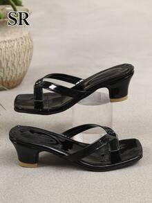 Sandal Jepit Hak Tinggi Ujung Persegi Hitam untuk Anak Perempuan, Sepatu Putri Minimalis Serbaguna untuk Pemakaian Sehari-hari dan Pesta - Hitam - View 5