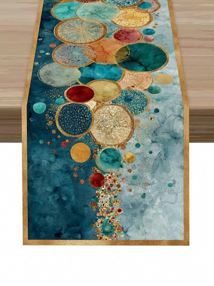 1pc Rainbow Circle Art Pattern Table Runner, Modern Playful Style, Printed Tablecloth, Long Natural Pattern Print, Home Decor, Latest Spring/Summer Style, Suitable For All Seasons - Blue - View 1