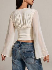 French V-Neck Ruched Front Flare Long Sleeve Top, Patchwork Waist-Cinching Cropped Solid Color Slim Fit Blouse - Apricot - View 6