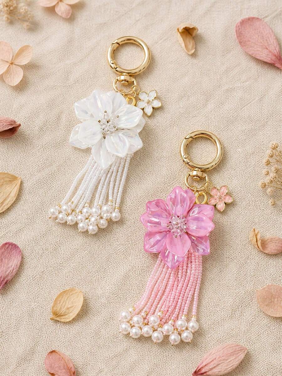 Flower Pearl Tassel Pendant, Available In Multiple Colors, Suitable For Hanging Car Keys, Bags, Wallets, Backpacks, Used As A Bag Pendant, Keychain, Car Keychain, Bag Pendant, Back To School Season, Birthday Gift. - A - View 1