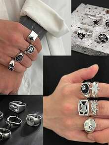 Xiacheng 4/9Pcs Chunky Thick Billiards Black Eight Layered Finger Rings Set Gothic Punk Y2K Stackable Knuckle Band Rings Silver Stars Jewelry For Women Men - Multicolor - View 2