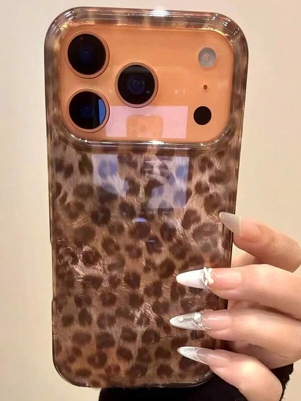 Luxurious Autumn Brown Leopard Print Glitter Glacier Phone Case, Compatible With IPhone 17 Pro Max, 17 Pro, 17, 16 Pro Max, 16 Pro, 16, 15 Pro Max, 15 Pro, 15, 14 Pro Max, 14 Pro, 13 Pro Max, 12 Pro Max, 11, Stylish Shockproof And Drop-Proof Phone Case