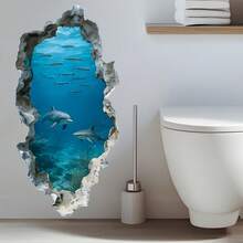 1pc 3D Underwater World Wall Sticker, Dolphin Shark Fish Ocean Self-Adhesive Wall Decal, Removable Wall Decor For Bathroom Bedroom Home Room - Multicolor - View 9
