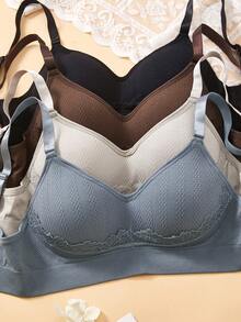 4PCS Women Seamless Solid Lace Wireless Bras, Adjustable Straps, 3D Cups, Soft Comfy Daily & Light Sports Intimates - Multicolor - View 4
