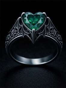 1pc Dark Gothic Style Bat Heart Ring For Women, Vintage Distressed Black Gunmetal Green Stone Rose Carved Niche Personalized Ring Accessory - Green - View 5