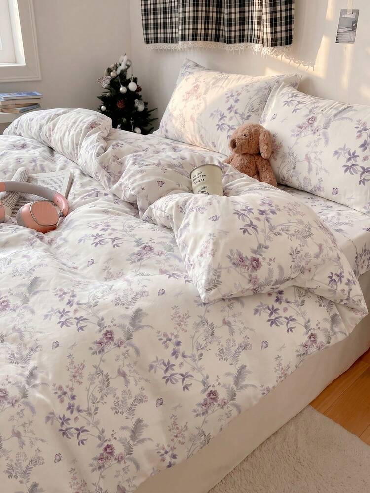 2/3pcs Purple Floral Pattern Printed Duvet Cover Bedding Set, Dual-Color Soft Comfortable Fabric, Breathable & Wrinkle-Resistant, Includes 1 Duvet Cover And 1/2 Pillowcases, Back To School Dorm Bedding Set - Multicolor - View 1