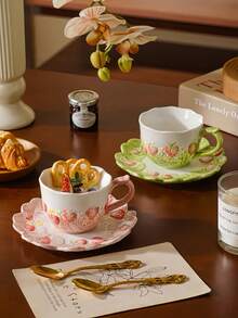 Embossed Underglaze Painted Strawberry Ceramic Cup And Saucer Set, Coffee Cup, Milk Cup, Breakfast Cup, Afternoon Tea Cup, Suitable For Home And Office, Perfect Holiday Birthday Housewarming Gift - Multicolor - View 9