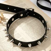 1pc Black Rivet PU Leather Choker, Adjustable Size, Music Festival Street Style Outfit, Carnival Sexy Personalized Necklace, Halloween - Multicolor - View 3