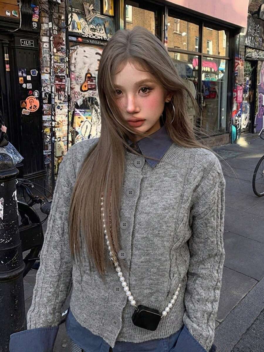 Autumn/Winter Solid Color Loose Button-Front Long Sleeve Women's Cardigan Jacket - Grey - View 1