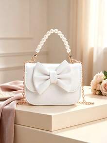 Girls Mini PU Crossbody Bag, Bowknot Pearl Decor Handbag, Detachable Pearl Top Handle And Metal Chain Shoulder Strap - A - View 1