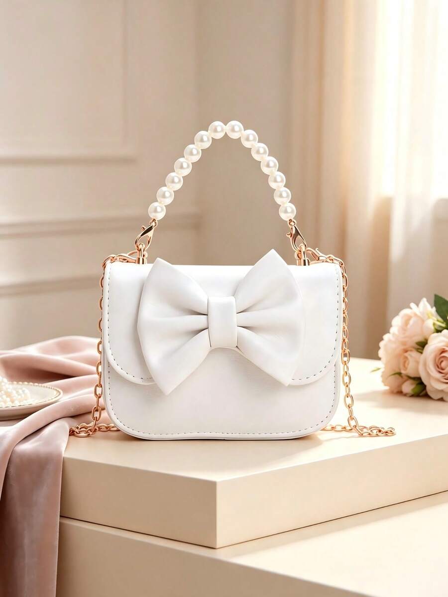Girls Mini PU Crossbody Bag, Bowknot Pearl Decor Handbag, Detachable Pearl Top Handle And Metal Chain Shoulder Strap - A - View 1