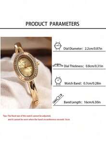 1pc Women's Oval Rhinestone Gold Bracelet Quartz Watch, Metallic Dial With Roman Numerals, Bezel Inlaid With Sparkling Rhinestones, Polished Open Bangle Wristwatch, Gold Jewelry, Summer Accessory. Suitable For Daily Commute, Summer Outings, Holiday Parties, Weddings, Back To School Season, Matches Various Outfits, Perfect Gift For Women, Exquisite And Sparkling, Elegant And Luxurious - Gold - View 4