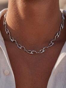 1pc Men's Necklace, Silver Metal Material, Asymmetrical Wave Geometric Design, Personalized Necklace Suitable For Party And Gathering Wear - Multicolor - View 3