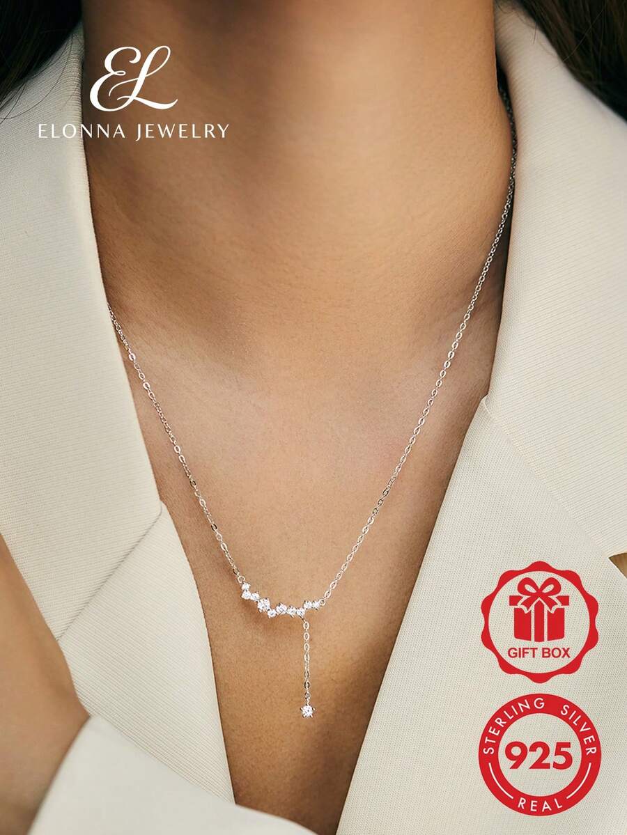 SYMFNY 1pc Elegant Cool-Tone 925 Sterling Silver Straight-Line Zirconia Pendant Fine Chain Necklace, Women's Workplace Commute Anniversary Memorial Jewelry Gift - Silver - View 1