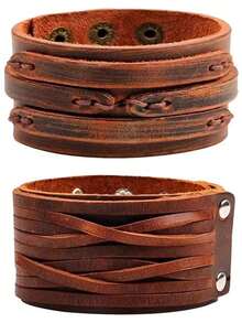 2 Pcs Jewelry Vintage Hand Woven Smooth Leather Bracelet Cuff Wide Leather Bracelet For Men's Accessories - Leather Bracelet - View 1