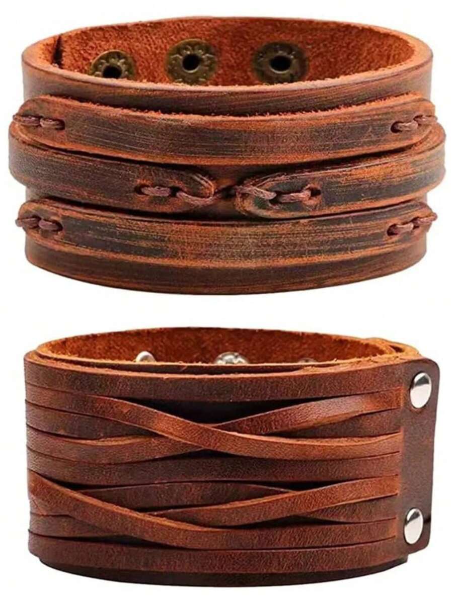 2 Pcs Jewelry Vintage Hand Woven Smooth Leather Bracelet Cuff Wide Leather Bracelet For Men's Accessories - Leather Bracelet - View 1